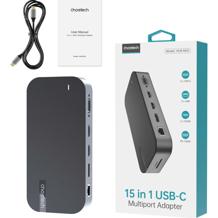 Порт-репликатор CHOETECH M52 15-in-1 USB-C Multiport Adapter (HUB-M52-GY)