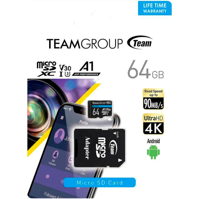 Карта пам'яті TEAM microSDXC Elite 64GB UHS-I U3 V30 A1 Class 10 + SD-adapter (TEAUSDX64GIV30A103)