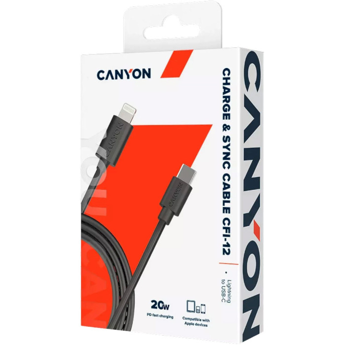 Кабель CANYON CFI-12 Charge & Sync USB-C to Lightning 20W 2м Black (CNE-CFI12B)