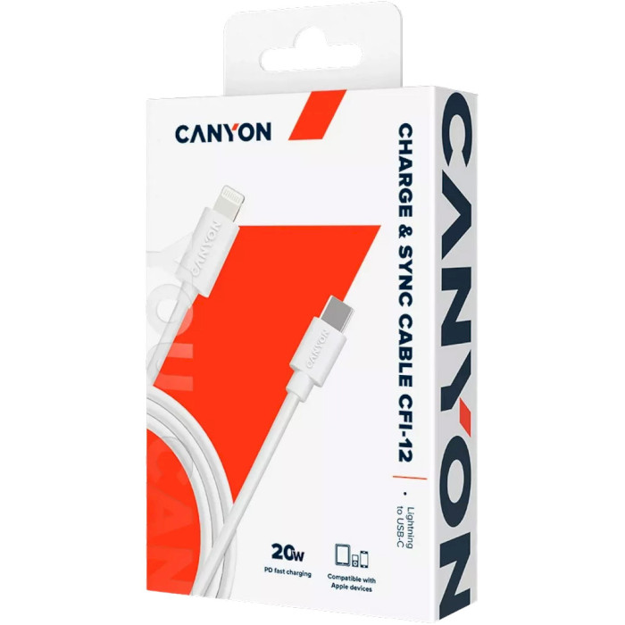 Кабель CANYON CFI-12 Charge & Sync USB-C to Lightning 20W 2м White (CNE-CFI12W)