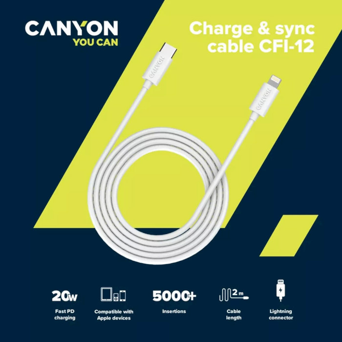 Кабель CANYON Charge & Sync USB-C to Lightning 20W 2м White (CNE-CFI12W)