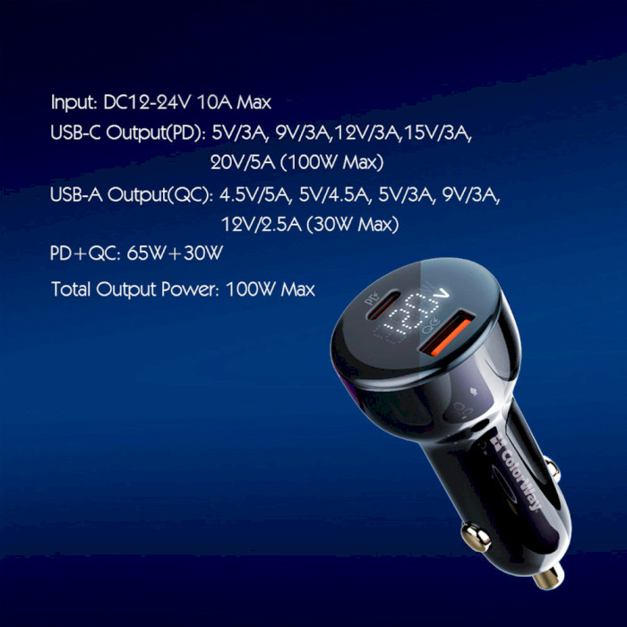 Автомобільний зарядний пристрій COLORWAY Power Delivery 1xUSB-C, 1xUSB-A, PPS, 100W Black (CW-CHA044PD-BK)