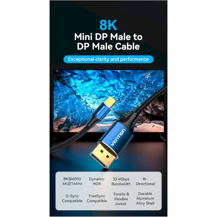 Кабель VENTION 8K Mini DisplayPort Male to DisplayPort Male HD Cable Mini DisplayPort - DisplayPort 1.5м Black (HCFLG)