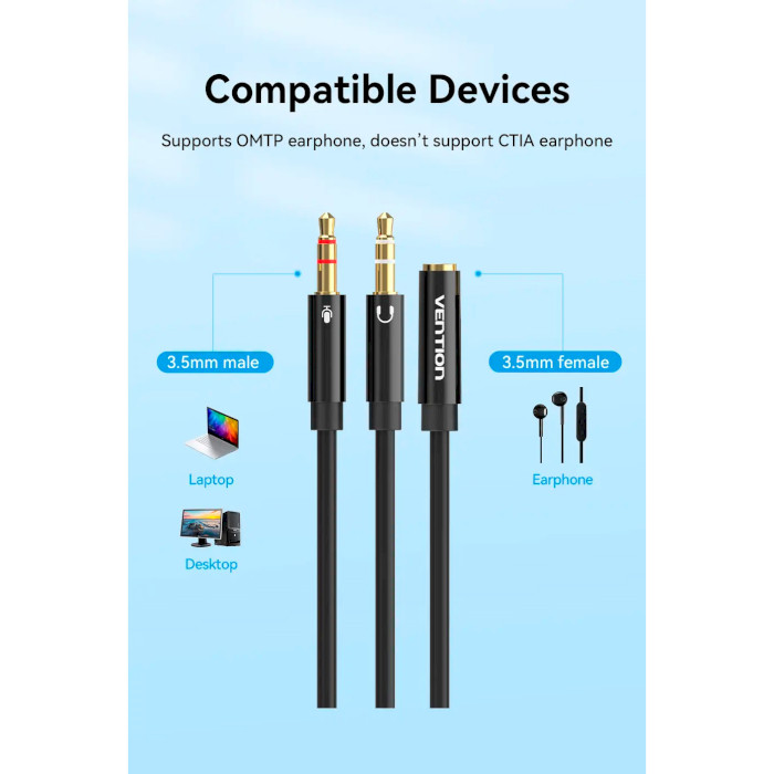 Сплиттер VENTION Dual TRS 3.5mm Male to 4 pole 3.5mm Female Audio Cable mini-jack 3.5мм - 2 x mini-jack 3.5мм 1м Black (BBTBF)