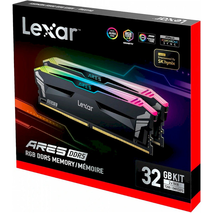 Модуль пам'яті LEXAR Ares RGB Black DDR5 7200MHz 32GB Kit 2x16GB (LD5U16G72C34LA-RGD)