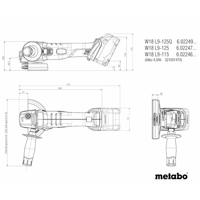 Аккумуляторная угловая шлифовальная машина METABO W 18 L 9-125 + 2 АКБ 4Ah, ЗУ, кейс (602247510)