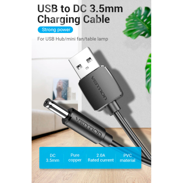 Кабель живлення USB to DC VENTION USB to DC 3.5mm Charging Cable 1.5м Black (CEYBG)