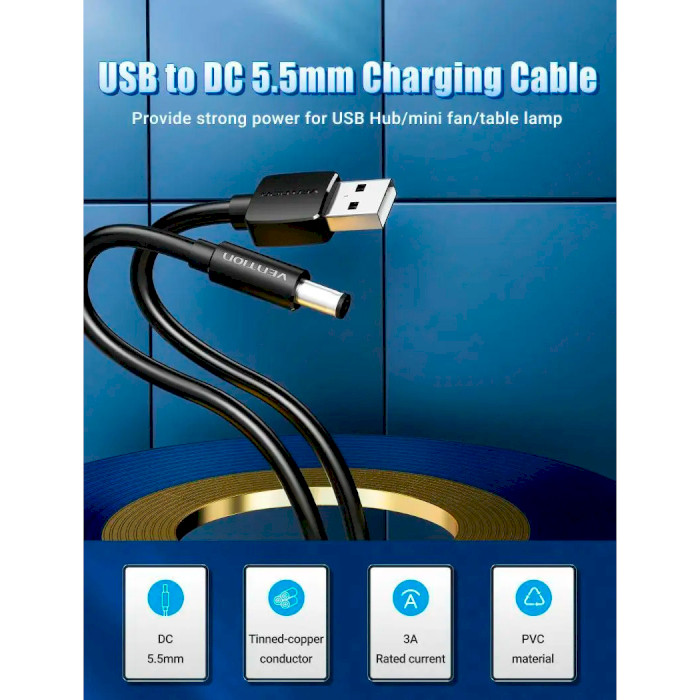 Кабель живлення USB to DC VENTION USB to DC 5.5mm Charging Cable 1м Black (CEYBF)