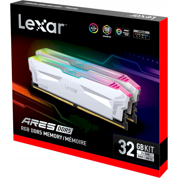 Модуль памяти LEXAR Ares RGB White DDR5 6400MHz 32GB Kit 2x16GB (LD5EU016G-R6400GDWA)