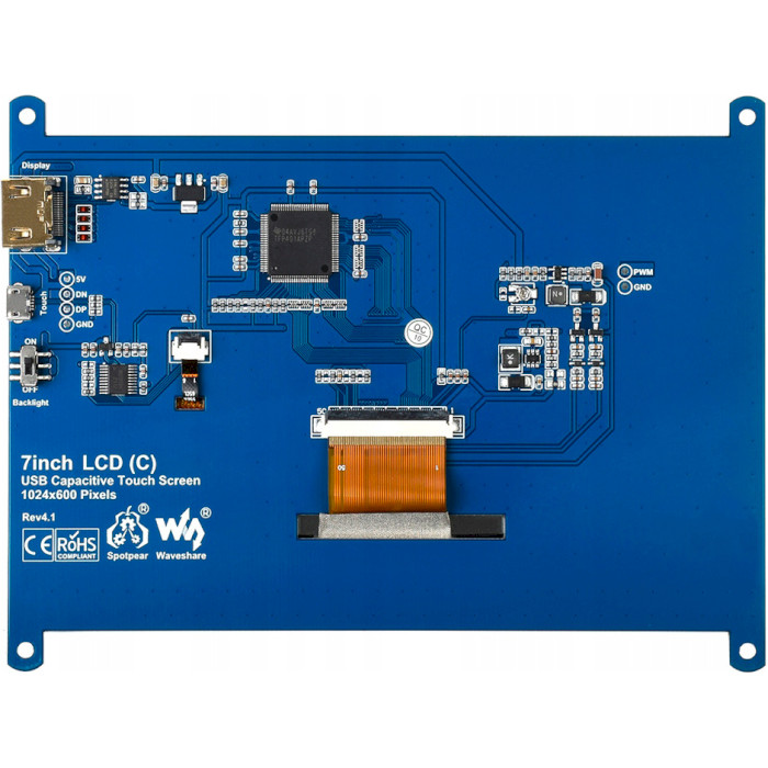 Дисплей WAVESHARE 7" 1024x600 LCD IPS Capacitive TS HDMI for Pi 4/3/Zero (WAV-11199)