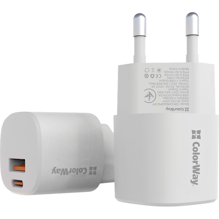 Зарядное устройство COLORWAY Power Delivery 1xUSB-C, 1xUSB-A, PPS, 33W White (CW-CHS043PD-WT)