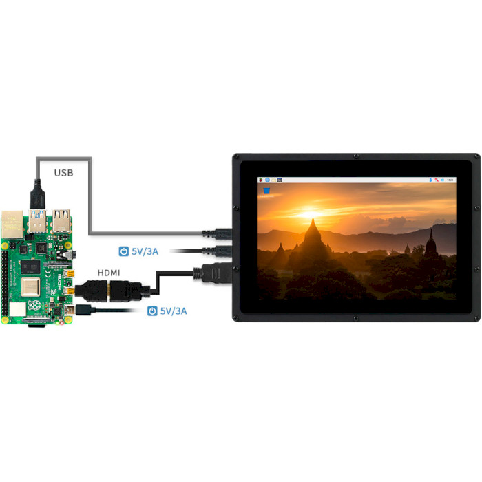 Корпус c экраном WAVESHARE 10.1" 1280x800 LCD IPS Capacitive TS HDMI for Pi 4/3 (RA570)