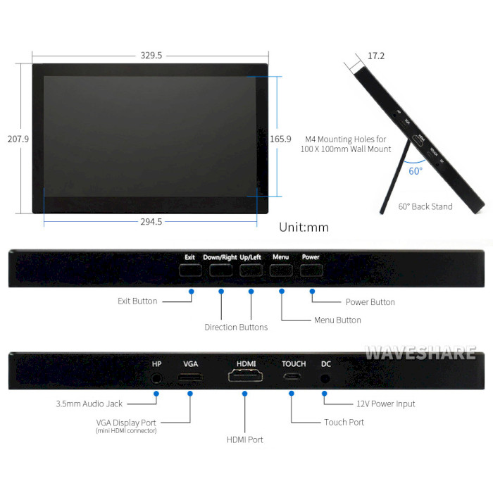 Корпус c екраном WAVESHARE 13.3" 1920x1080 LCD IPS Capacitive TS HDMI for Pi 3/4 (RA572)