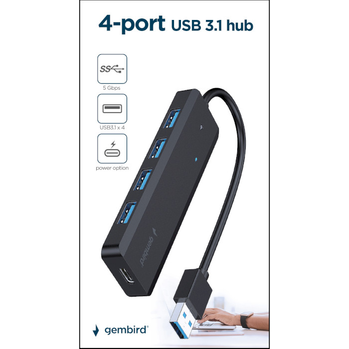 USB-хаб GEMBIRD USB-A to 4xUSB3.1, USB-C PD (UHB-U3P4P-02)