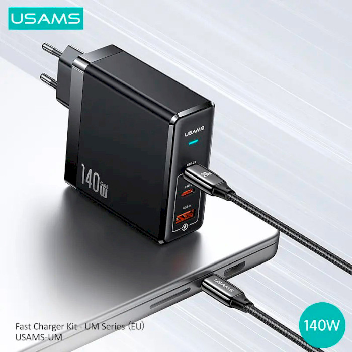 Зарядное устройство USAMS US-CC168 T52 140 W GaN Fast Charger Black w/Type-C to Type-C cable (UMXLOGTC01)