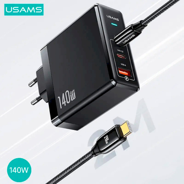 Зарядний пристрій USAMS US-CC168 T52 140 W GaN Fast Charger Black w/Type-C to Type-C cable (UMXLOGTC01)