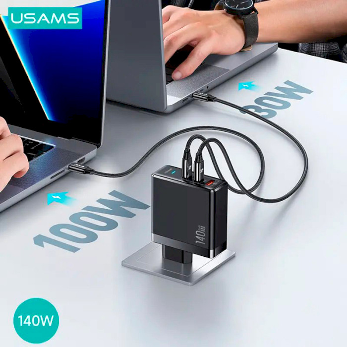 Зарядное устройство USAMS US-CC168 T52 140 W GaN Fast Charger Black w/Type-C to Type-C cable (UMXLOGTC01)