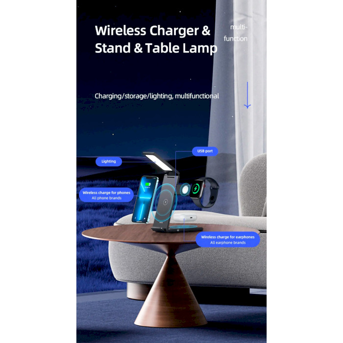 Бездротовий зарядний пристрій USAMS US-CD181 15W 3-in-1 Folding Wireless Charging Stand with Table Lamp Black (CD181WXC01)