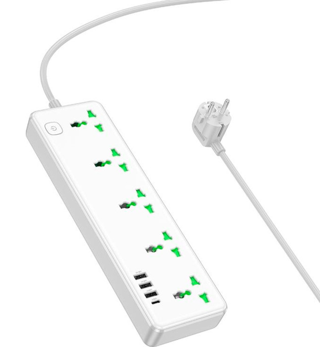 Сетевой фильтр HOCO AC13A White, 5 розеток, 1xUSB-C, 3xUSB, 1.5м