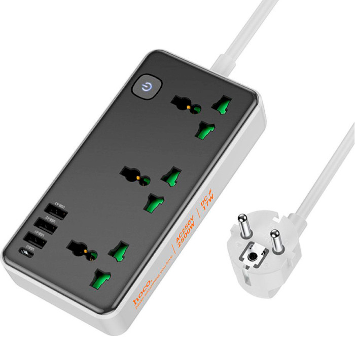 Мережевий фільтр HOCO AC7A Black, 3 розетки, 1xUSB-C, 3xUSB, 1.5м