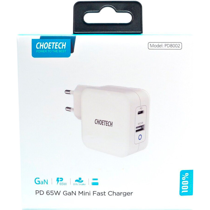 Зарядний пристрій CHOETECH PD8002 65W USB-C, USB-A, PD3.0, QC3.0 GaN Wall Charger White