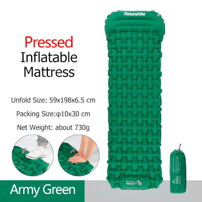 Матрац надувний c підголівником NATUREHIKE Outdoor Inflatable Mattress 198x59 Green (CNK2300DZ0001-GR)
