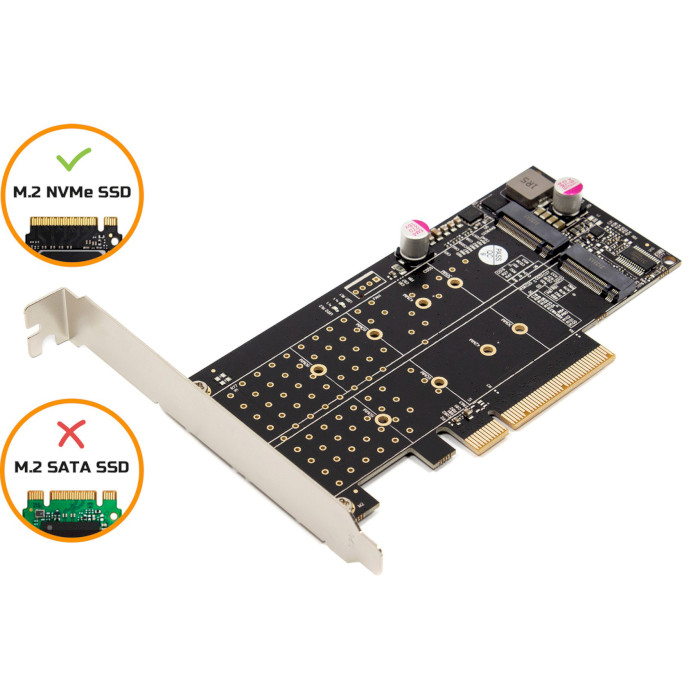 Контролер FRIME PCIe x8 to 2 x M.2 (M-Key NVMe) PI6C20400BLE (ECF-PCIETOSSD018.LP)