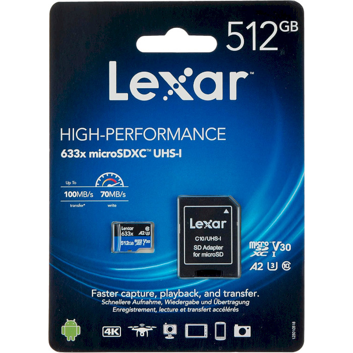 Карта пам'яті LEXAR microSDXC High Performance 633x 512GB UHS-I U3 V30 A2 Class 10 + SD-adapter (LSDMI512BB633A)