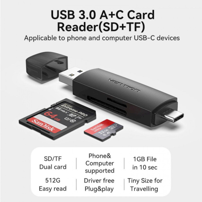 Кардрідер VENTION USB3.0 SD+TF Card Reader Dual Drive Letter Black (CLKB0)