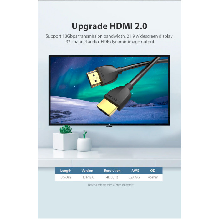 Кабель VENTION Portable HDMI Cable 4K@60Hz HDMI v2.0 1.5м Black (AAIBG)