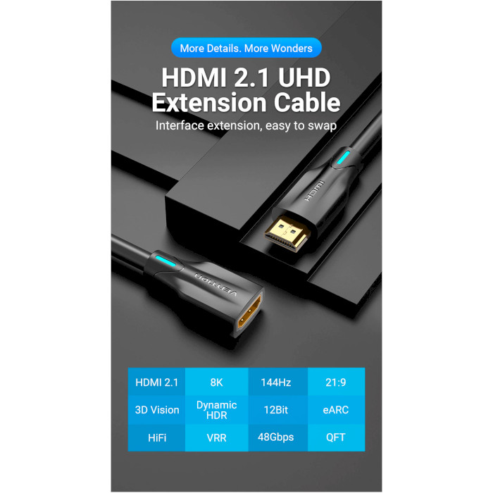 Кабель-подовжувач VENTION HDMI Extension Cable HDMI v2.1 1.5м Black (AHBBG)