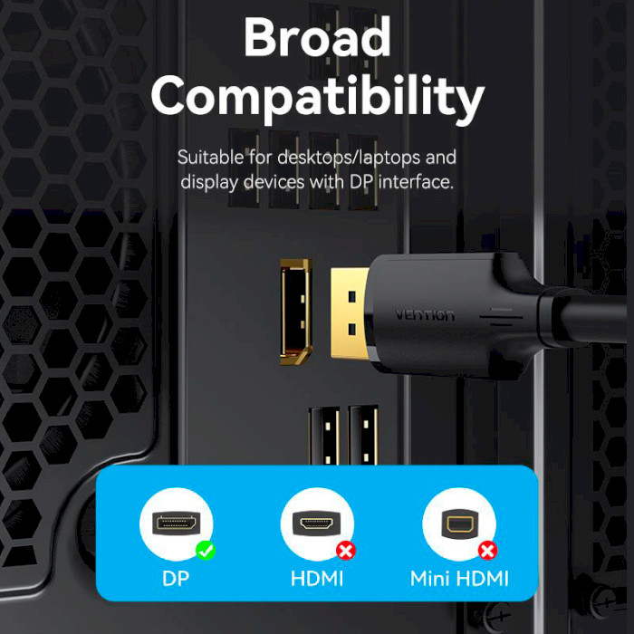 Кабель VENTION DisplayPort Male to Male 4K HD Cable DisplayPort 2м Black (HAKBH)