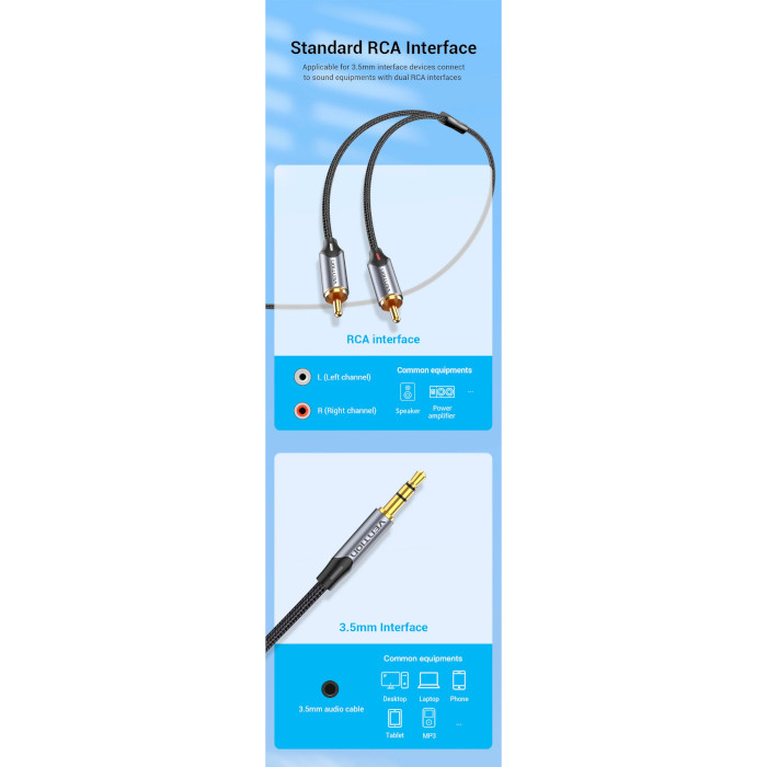 Кабель VENTION 3.5mm Male to 2RCA Male Adapter Cable mini-jack 3.5 мм - 2RCA 8м Gray (BCNBK)