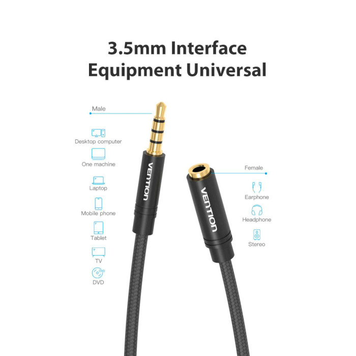 Кабель-подовжувач VENTION 3.5mm Audio Extension Cable mini-jack 3.5 мм 5м Black (BHCBJ)