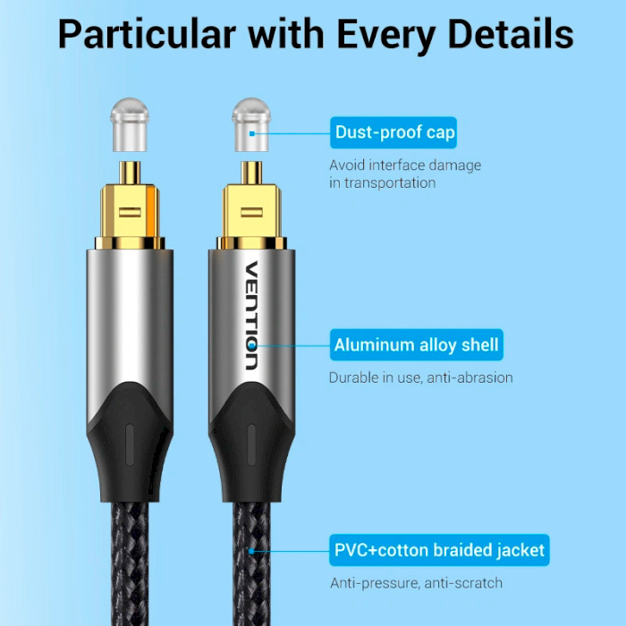Кабель оптичний (аудіо) VENTION Optical Fiber Audio Cable TOSLINK 3м Gray (BAVHI)
