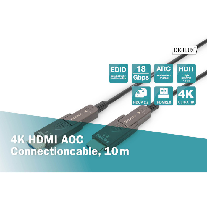 Кабель оптический (AOC) DIGITUS 4K AOC Hybrid Fiber Optic Cable Micro-HDMI/HDMI v2.0 10м Black (AK-330127-100-S)