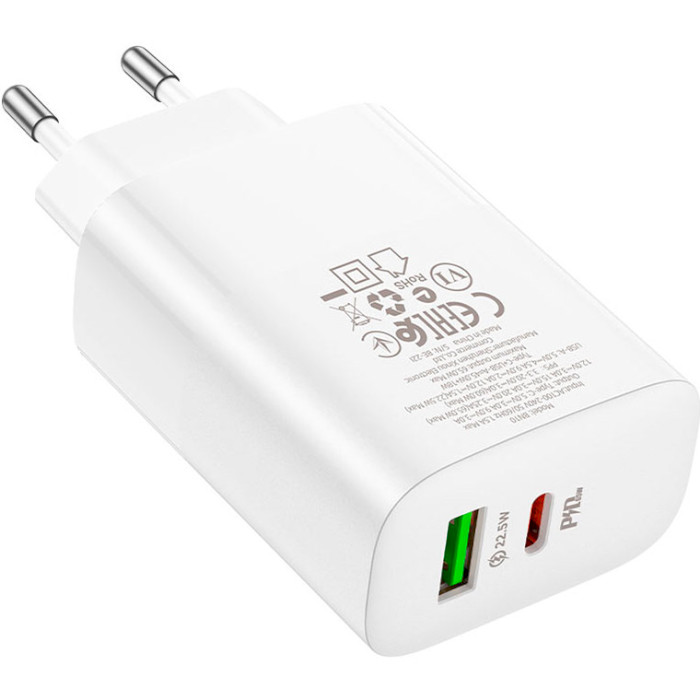 Зарядний пристрій BOROFONE BN10 Sunlight 1xUSB-C, 1xUSB-A, PD65W, QC3.0 22.5W White (6974443388190)