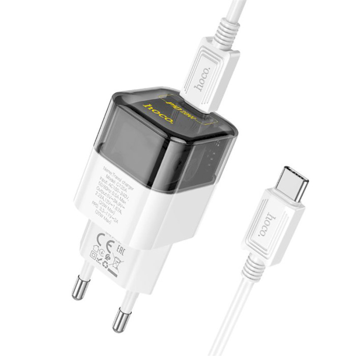 Зарядний пристрій HOCO C125A Transparent tribute 1xUSB-C, PD20W Black w/Type-C to Type-C cable (6931474798374)