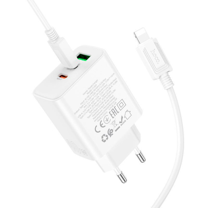 Зарядний пристрій HOCO C126A Pure power 1xUSB-A, 2xUSB-C, PD40W, QC3.0 White w/Type-C to Lightning cable (6931474798732)