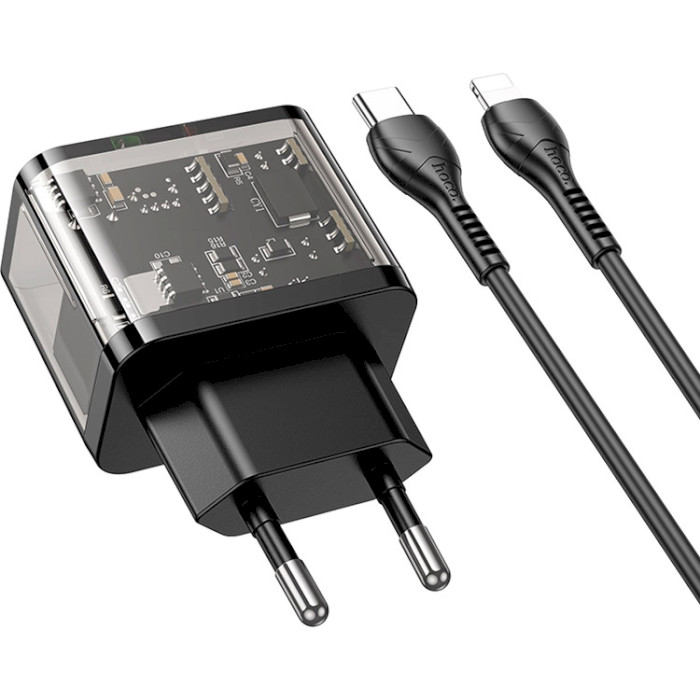 Зарядний пристрій HOCO N34 Dazzling 1xUSB-A, 1xUSB-C, PD20W, QC3.0 Black w/Type-C to Lightning cable (6931474799173)