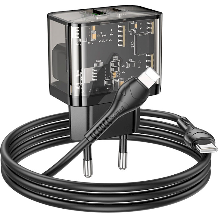 Зарядний пристрій HOCO N34 Dazzling 1xUSB-A, 1xUSB-C, PD20W, QC3.0 Black w/Type-C to Lightning cable (6931474799173)