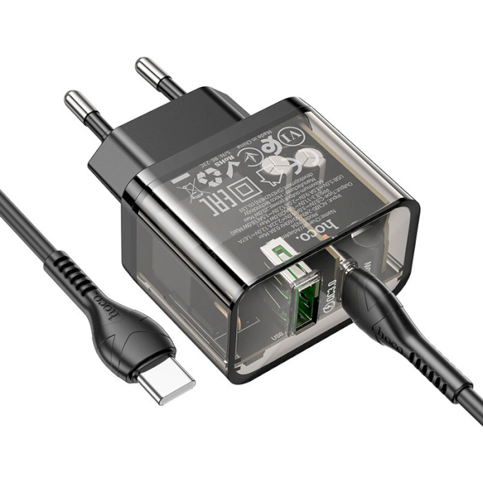 Зарядное устройство HOCO N34 Dazzling 1xUSB-A, 1xUSB-C, PD20W, QC3.0 Black w/Type-C to Type-C cable (6931474799180)