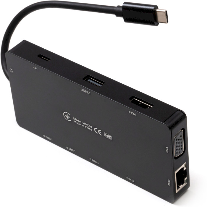 Порт-реплікатор VINGA USB-C to HDMI, VGA, 3xUSB3.0, 1xUSB2.0, RJ-45, SD/TF, PD100W, AUX (VHYC10)