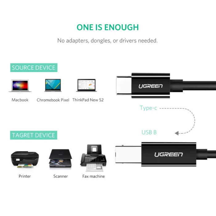Кабель UGREEN US241 USB-C Male to USB-B 2.0 Male Printer Cable 1м Black (80811)