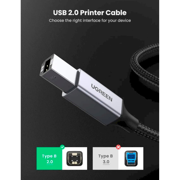 Кабель UGREEN US369 USB-A Male to USB-B 2.0 Printer Cable 2м Black (80803)