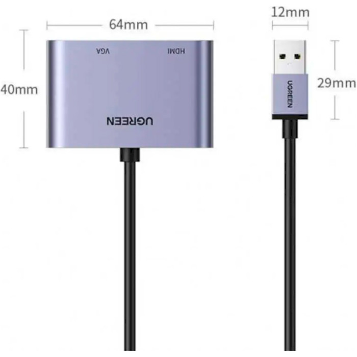Конвертер видеосигнала UGREEN CM449 USB 3.0 to HDMI+VGA Converter USB - HDMI/VGA v1.3 Gray (20518)