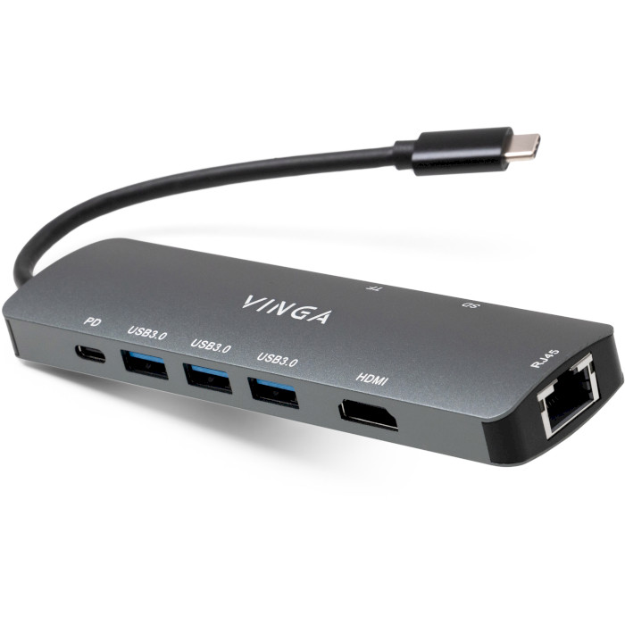 Порт-реплікатор VINGA Type-C to HDMI, 3xUSB-A3.0, LAN, SD/TF, PD100W (VHYC8)