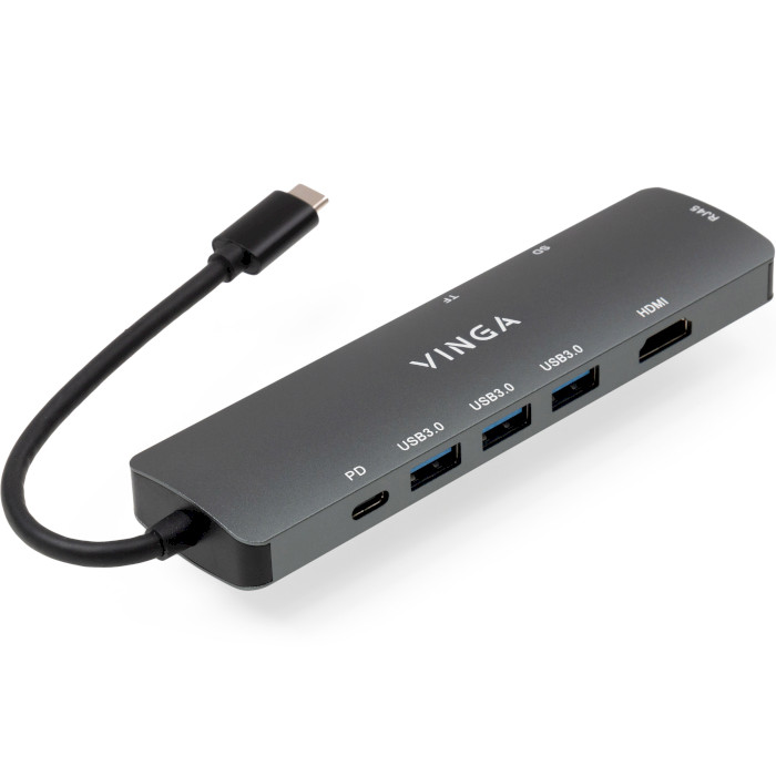 Порт-реплікатор VINGA Type-C to HDMI, 3xUSB-A3.0, LAN, SD/TF, PD100W (VHYC8)