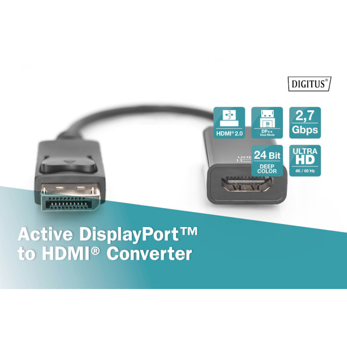 Адаптер DIGITUS Active Male to Female Converter DisplayPort - HDMI v2.0 Black (AK-340415-002-S)