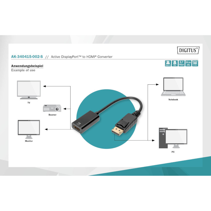 Адаптер DIGITUS Active Male to Female Converter DisplayPort - HDMI v2.0 Black (AK-340415-002-S)